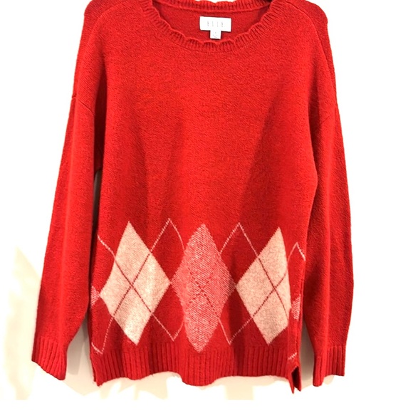 Elle Women's Red Argyle Long Sleeve Over sized Pullover Tunic Sweater Size M - Picture 2 of 6
